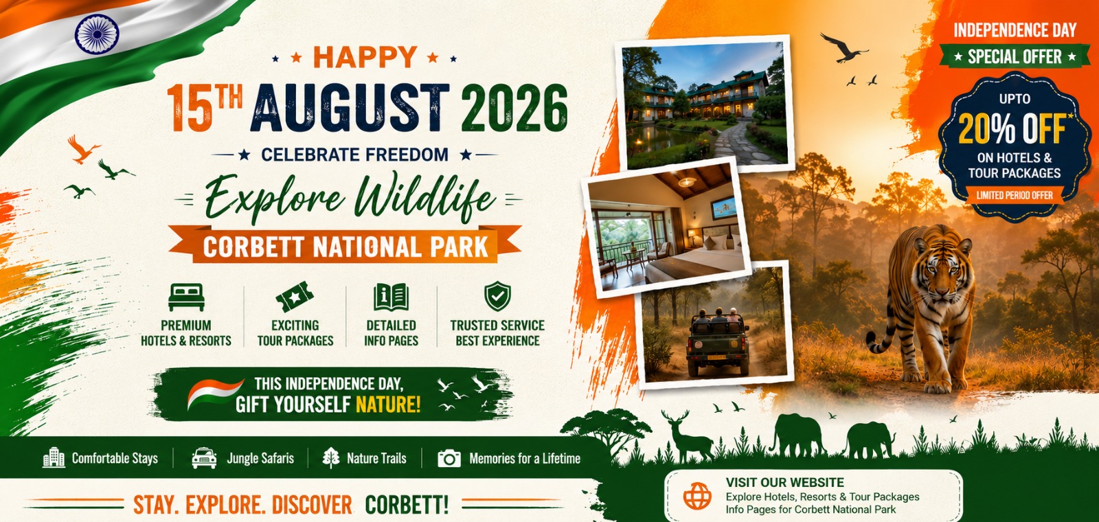 Happy 15th August 2026 — Independence Day special offer up to 20% off on Corbett hotels and tour packages